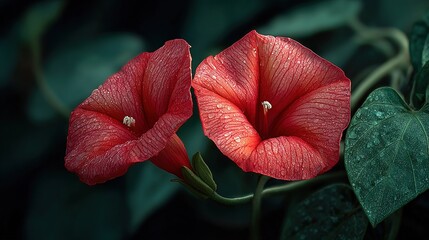   A few red flowers rest atop a verdant, water-drenched leafy plant, with droplets cascading down the stem