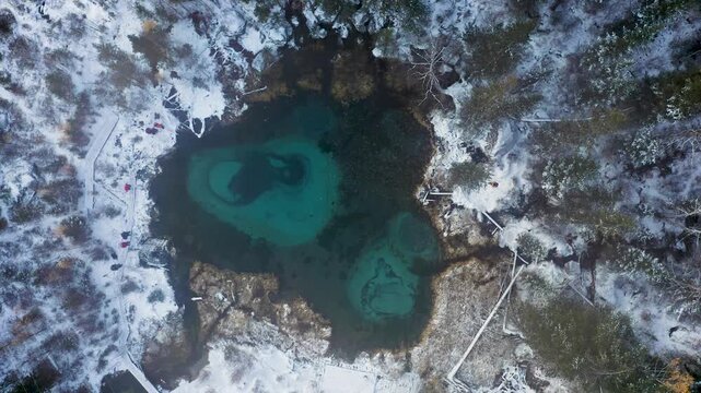 Aerial view of the striking turquoise waters of Geyzernoye lake nestled amidst snow-dusted trees, creating a captivating contrast of colors, Geyzernoye, Altai Republic, Russia.