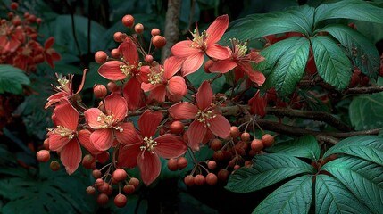   A zoomed-in photo of several bright red blossoms on a twig with lush greenery surrounding them