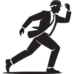 Silhouette of a running engineer wearing a hard hat and suit in a stylized black and white image on transparent background