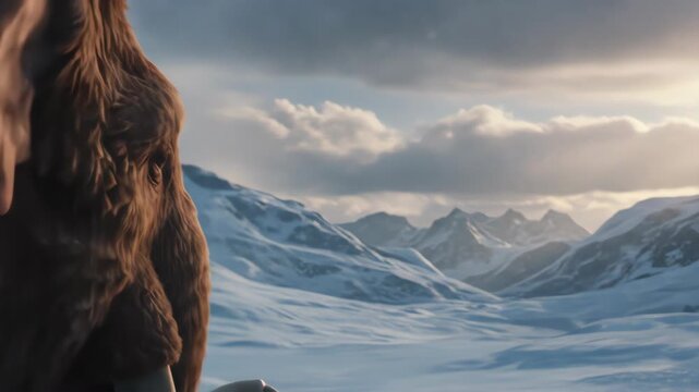 A woolly mammoth stands against a backdrop of snowcovered mountains, its silhouette framed by a dramatic sky
