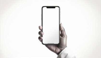 Black and white hand in a white shirt holding a phone with an empty screen isolated on white background - element for collage