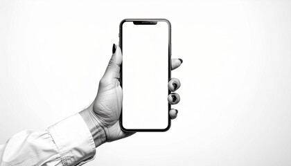 Black and white hand in a white shirt holding a phone with an empty screen isolated on white background - element for collage