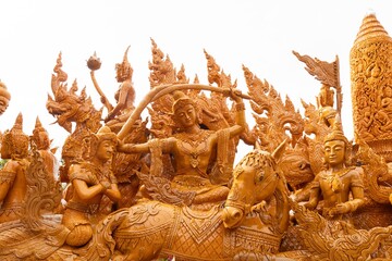Isolated Buddhism style candle carving from The Candle Festival in Ubon Ratchathani Thailand
