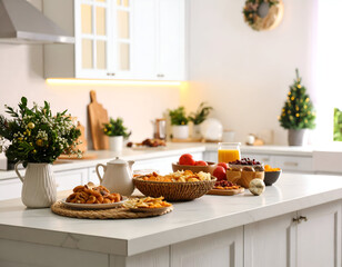 Bright Kitchen Festive Holiday Meal with Pastries and Orange Juice
