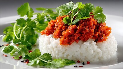  A white plate, adorned with sauce-drenched rice and embellished with fresh cilantro