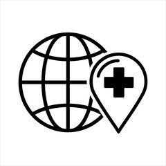 Black globe icon with medical cross location pin symbol world earth