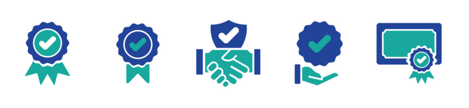 Vector icon set of product quality certificate standard compliance check mark illustration
