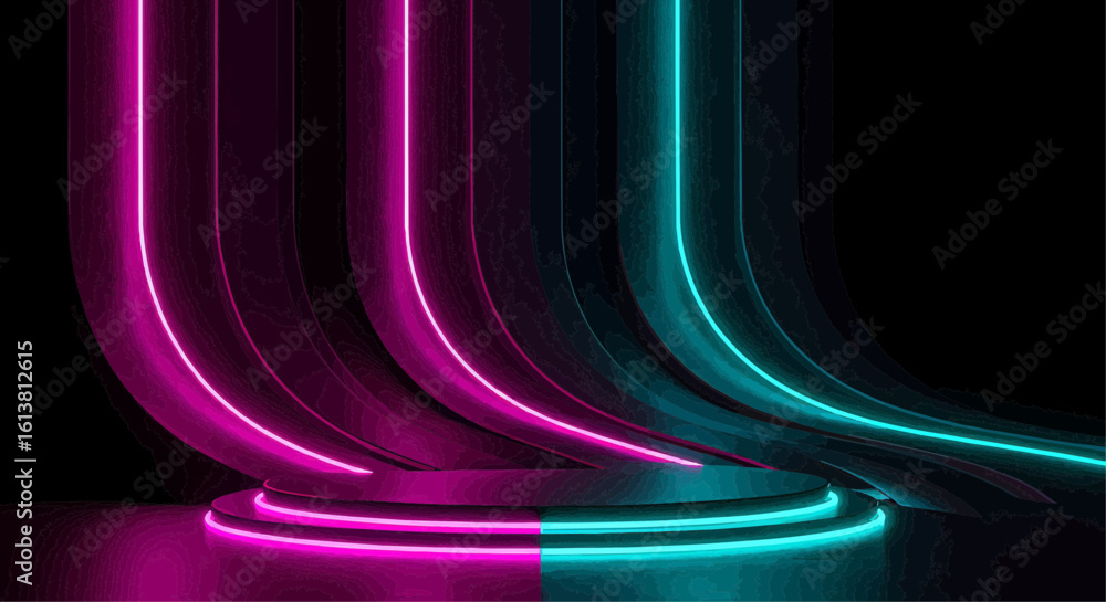Poster abstract neon light display with curved lines and a circular platform, glowing.