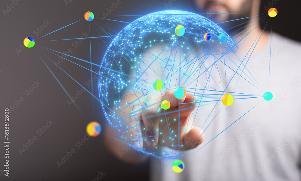 Poster person interacts with a digital globe, showcasing global network connections and data points.
