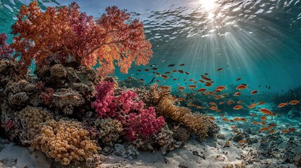   An underwater photo showcasing a vibrant coral reef bursting with diverse marine life, including numerous corals and small schools of fish darting through the crystal-clear waters