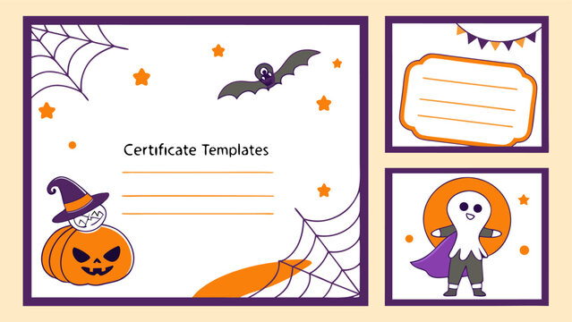 Halloween themed certificate templates with pumpkin, bat, spiderweb, ghost and decorative elements design