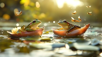 Frogs in Leaf Boats on Serene Water with Bees and Soft Light