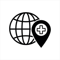 Black globe icon with medical location pin and cross symbol world earth