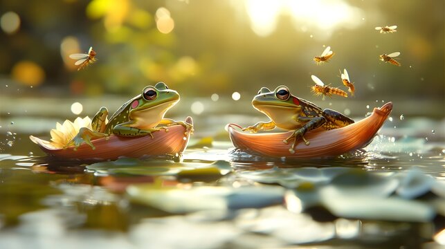 Frogs in Leaf Boats on Serene Water with Bees and Soft Light