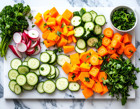 Chopped Colorful Vegetables on Marble Board