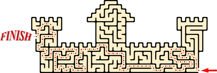 Maze inside castle with towers. Brick fortress labyrinth. Medium difficulty vector puzzle with entry and exit. Riddle with solution - red passing route. Logic game for kids and parents.