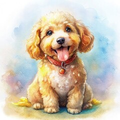 A playful puppy with golden curly fur, sitting with its tongue sticking out slightly. It has big brown eyes, floppy ears, and a little red collar with a golden bell.