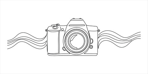 Black line art illustration of a D S L R camera with wavy lines on white background DSLR black and white