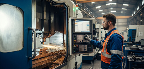 A skilled machinist programs a computer controlled milling machine, guiding metalwork operations while intense sparks flash in the background.