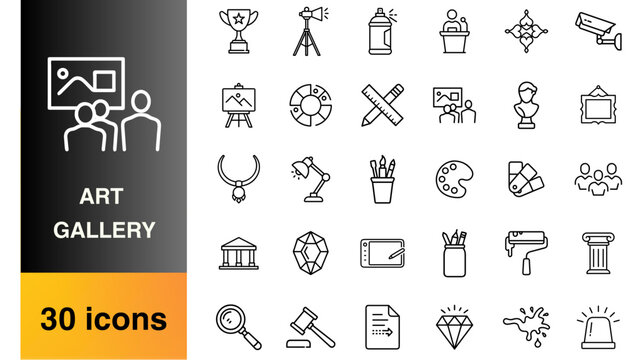 Art gallery and exhibition icons in minimalist style