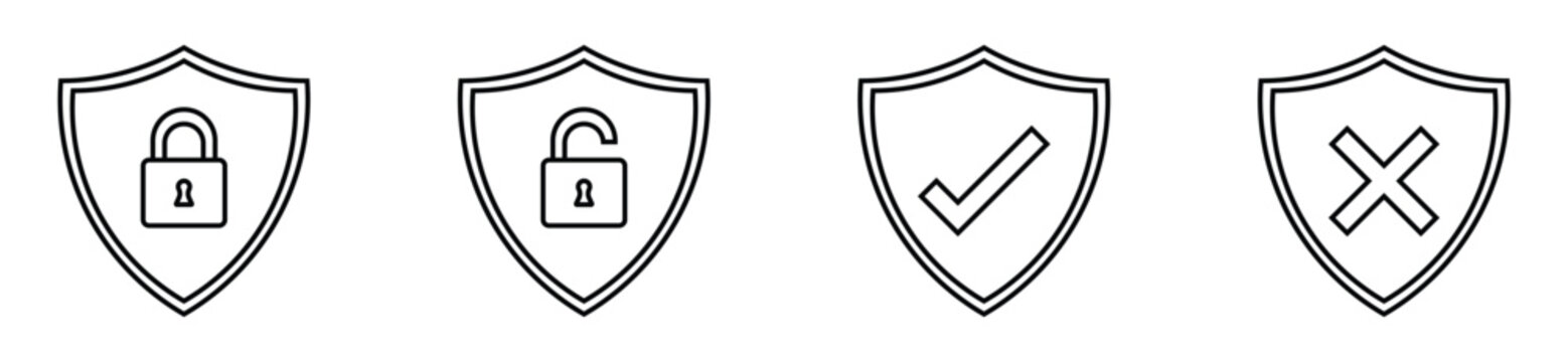 Shield line icon set, minimal linear pictogram collection for security design, app, and web.
