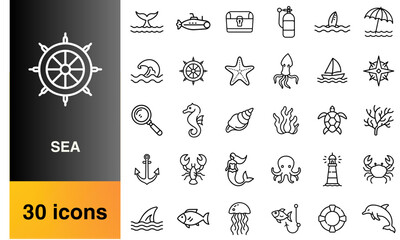Sea life and nautical icons set in thin outline style