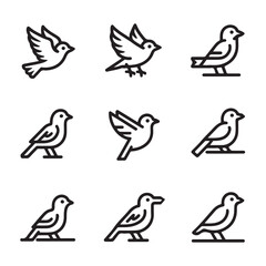 Minimalist Bird Line Icons Set – Elegant Outline Sparrow Vector Collection
