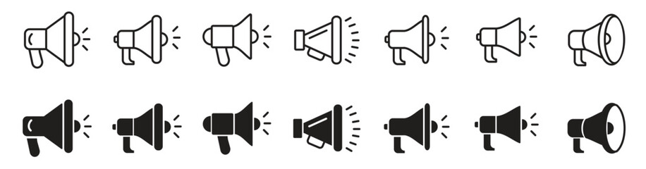 Marketing megaphone icons. Loudspeaker vector signs for communication, advertising, and promotional design elements.