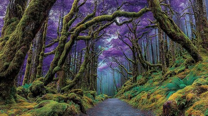   A painting depicts a forest trail encircled by trees and moss