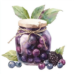 Watercolor glass jar with berry jam on white background. Illustration with mint leaves for design