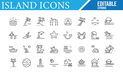 Obraz premium Beach, Palm Tree, and Ocean Icons for Tropical Vacation and Travel Illustrations