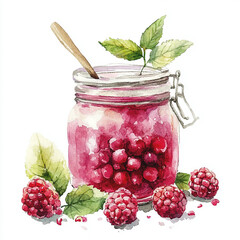 Watercolor glass jar with berry jam on white background. Illustration with mint leaves for design