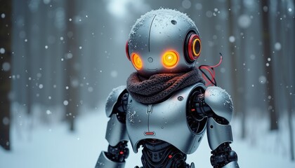 Fototapeta premium Futuristic Mecha Snowman in Cyberpunk Winter Forest at Dusk
