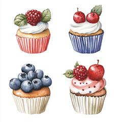 Watercolor cupcake with cream, mint and berries. Pastry picture for design on white background