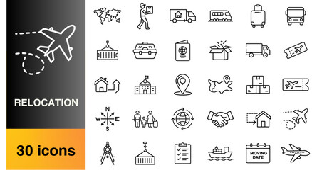 Relocation and moving icons in minimal black outline style
