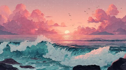  Sunset on water with birds in flight, and a rocky shore