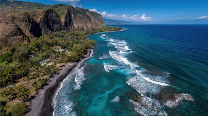   Aerial shot of a beach with a mountain backdrop and water in the foreground