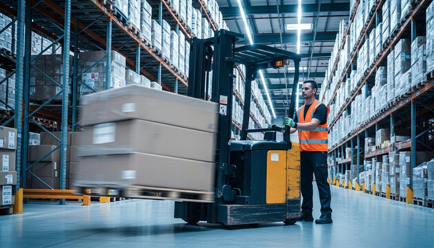 In a vast warehouse filled with high shelves and stacked boxes, a focused worker in safety gear maneuvers a forklift with precision and speed.
