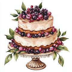 Watercolor cake with cream drips and pink berries. Pastry picture for design on white background
