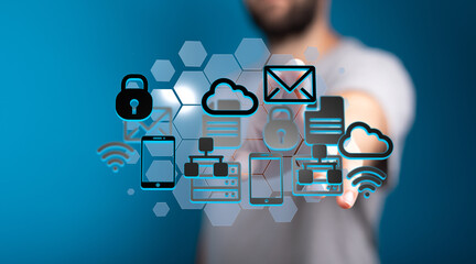 High-tech image depicting secure cloud data, network access, and mobile device integration.