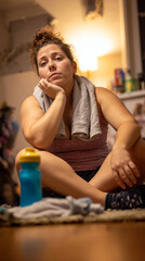 Tired overweight woman sitting with towel after exercising at home