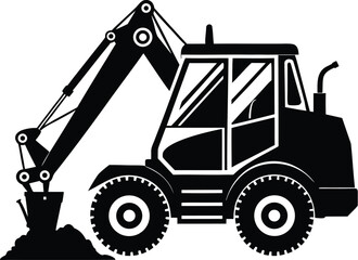 Naklejka premium Backhoe loader silhouette, construction vehicle line art, heavy equipment vector, excavator outline drawing, minimal machinery icon