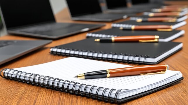 Notebooks and pens arranged on a wooden table, suitable for business or meeting themes