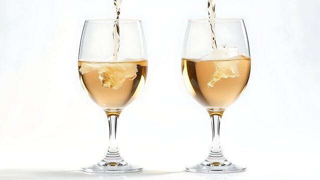 Elegant wine glasses capturing the graceful pour of white wine in a clean studio setting.
