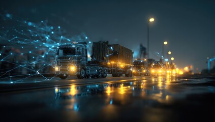 Futuristic night scene of trucks on a highway