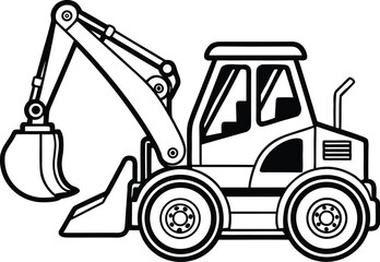 Naklejka premium Backhoe loader silhouette, construction vehicle line art, heavy equipment vector, excavator outline drawing, minimal machinery icon