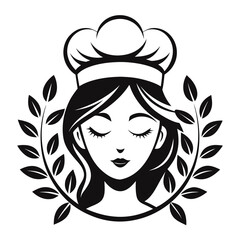 Elegant chef woman silhouette with laurel wreath isolated on white background