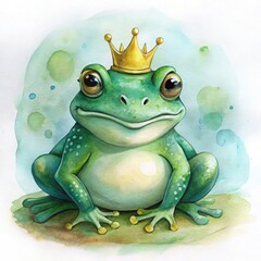 A royal frog prince with a golden crown slightly tilted on his head. His bright green skin has tiny golden spots, and he has a charming little smirk. His wide, round eyes sparkle with mystery