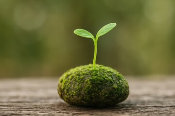 Tiny green sprout emerging from mossy rock seedling